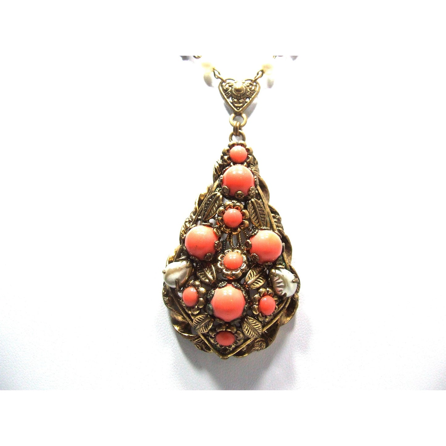 West Germany Orange Cabochon Glass Rhinestone Necklace, Faux Pearls, 1950s Vintage Jewelry