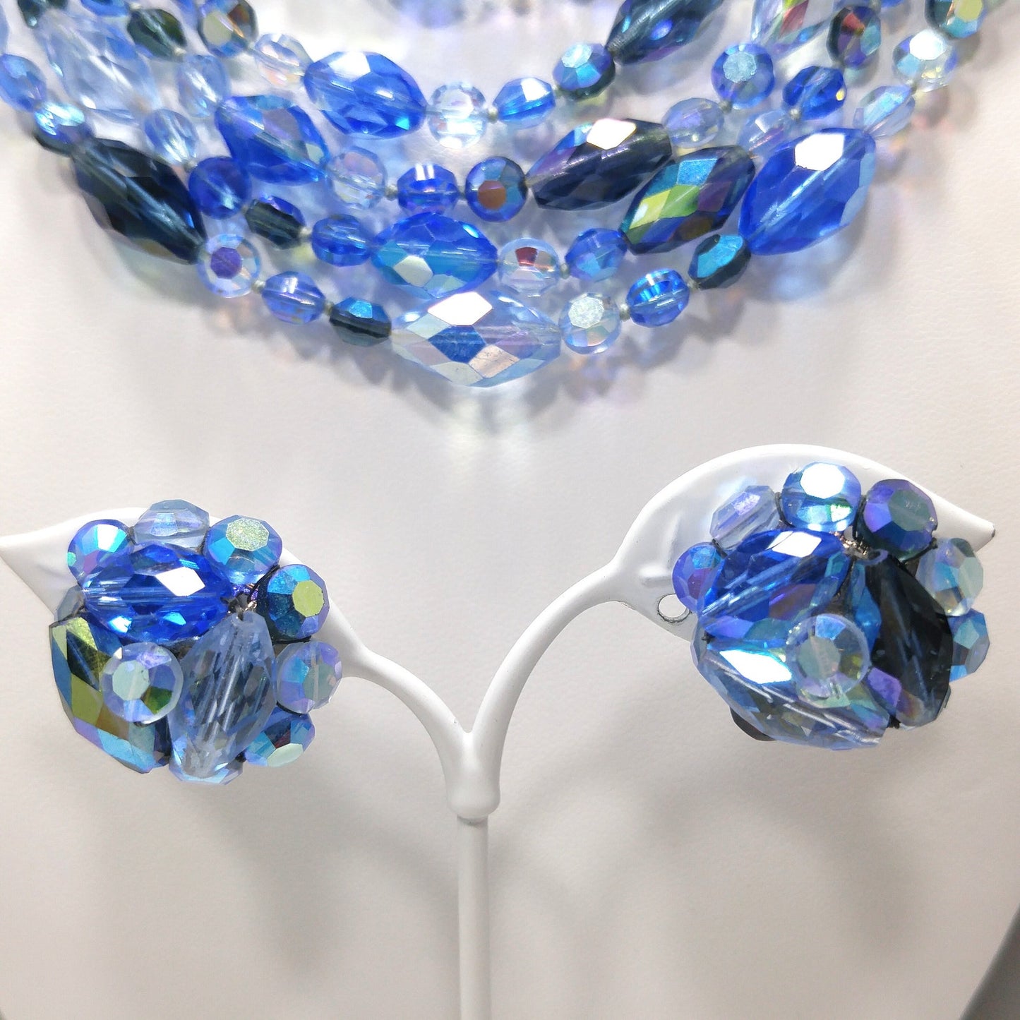 Vogue Blue Crystal Necklace & Earrings Set, Aurora Borealis, 1960s Vintage Jewelry