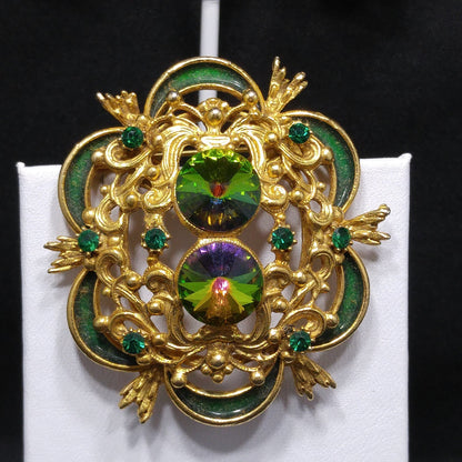Watermelon Rivoli Rhinestone Brooch & Earrings, Gold Plated, 1960s Vintage Jewelry