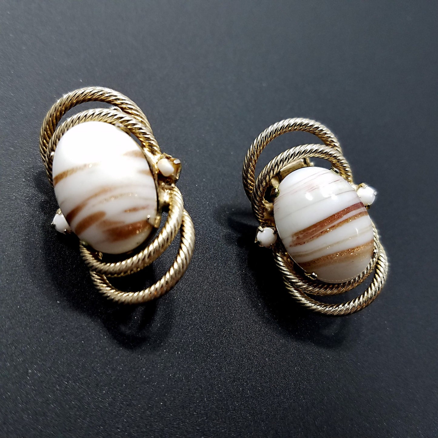Hobe' White & Gold Earrings, Gold Plated, Art Glass, 1950s Vintage Jewelry