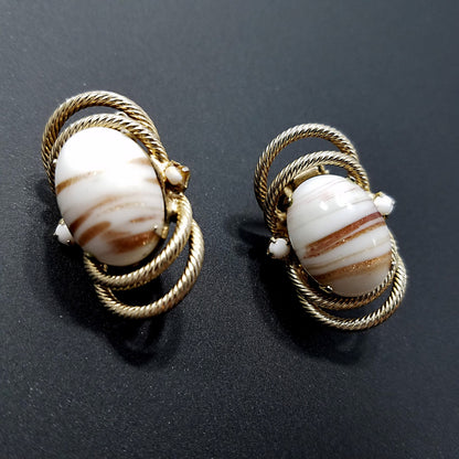 Hobe' White & Gold Earrings, Gold Plated, Art Glass, 1950s Vintage Jewelry