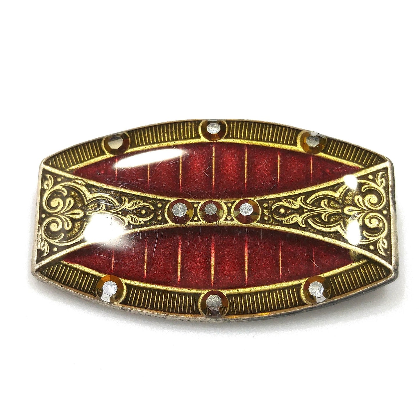 Catherine Popesco Red Enamel Art Deco Brooch, Rhinestones Under Enamel, France, 1980s Vintage Jewelry