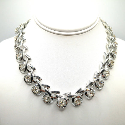 Clear Rhinestone Choker Necklace, Rhodium Plated, 1960s Vintage Jewelry