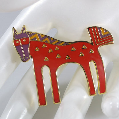 Laurel Burch "Inca" Red Horse Brooch, Cloisonné Gold Plated, 1980s Vintage Jewelry