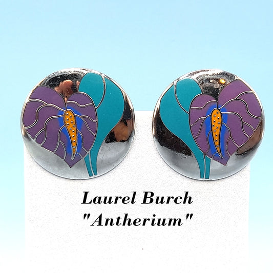 Vintage Laurel Burch Antherium Rhodium Plated Earrings