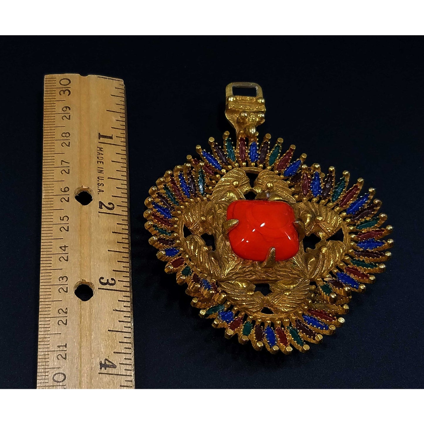 Vintage Castlecliff Pendant Orange Art Glass Gold Enamel Large Statement Jewelry