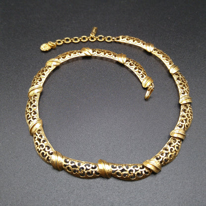 Monet Lacy Link Choker Necklace, Gold Plated, 1960s Vintage Jewelry