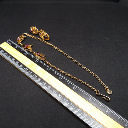 Purple Rhinestone Floral Necklace & Screw Back Earrings, Gold Plated, 1940s Vintage Jewelry