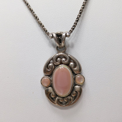 Barse Sterling Silver Pink Necklace, Large Pink Pearled Cabochon, 1990s Vintage Jewelry