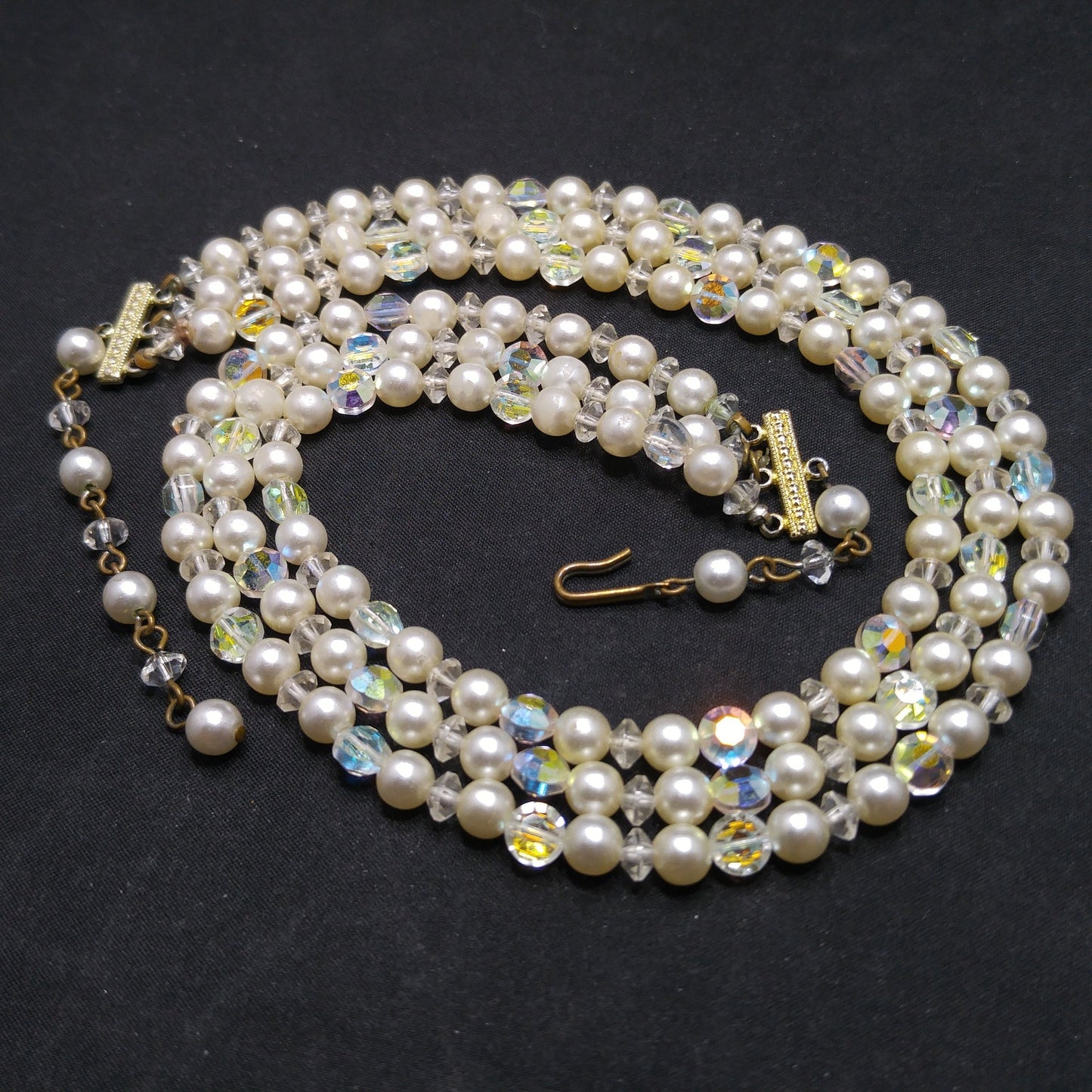 Mid-Century Crystal Faux Pearl Necklace, Three Strands, 1950s Vintage Jewelry