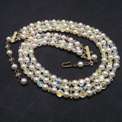 Mid-Century Crystal Faux Pearl Necklace, Three Strands, 1950s Vintage Jewelry