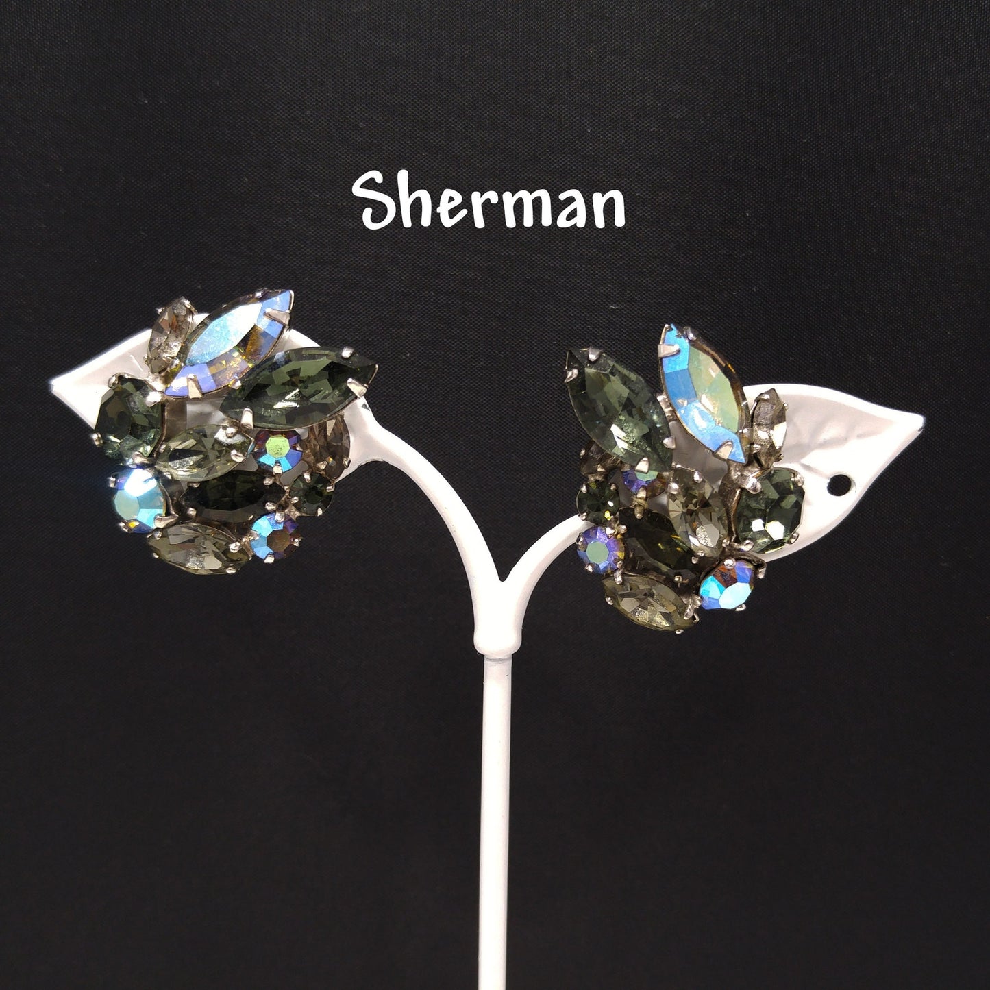 Sherman Black Diamond Rhinestone Earrings, Aurora Borealis, 1960s Vintage Jewelry
