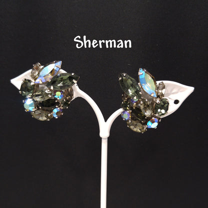 Sherman Black Diamond Rhinestone Earrings, Aurora Borealis, 1960s Vintage Jewelry