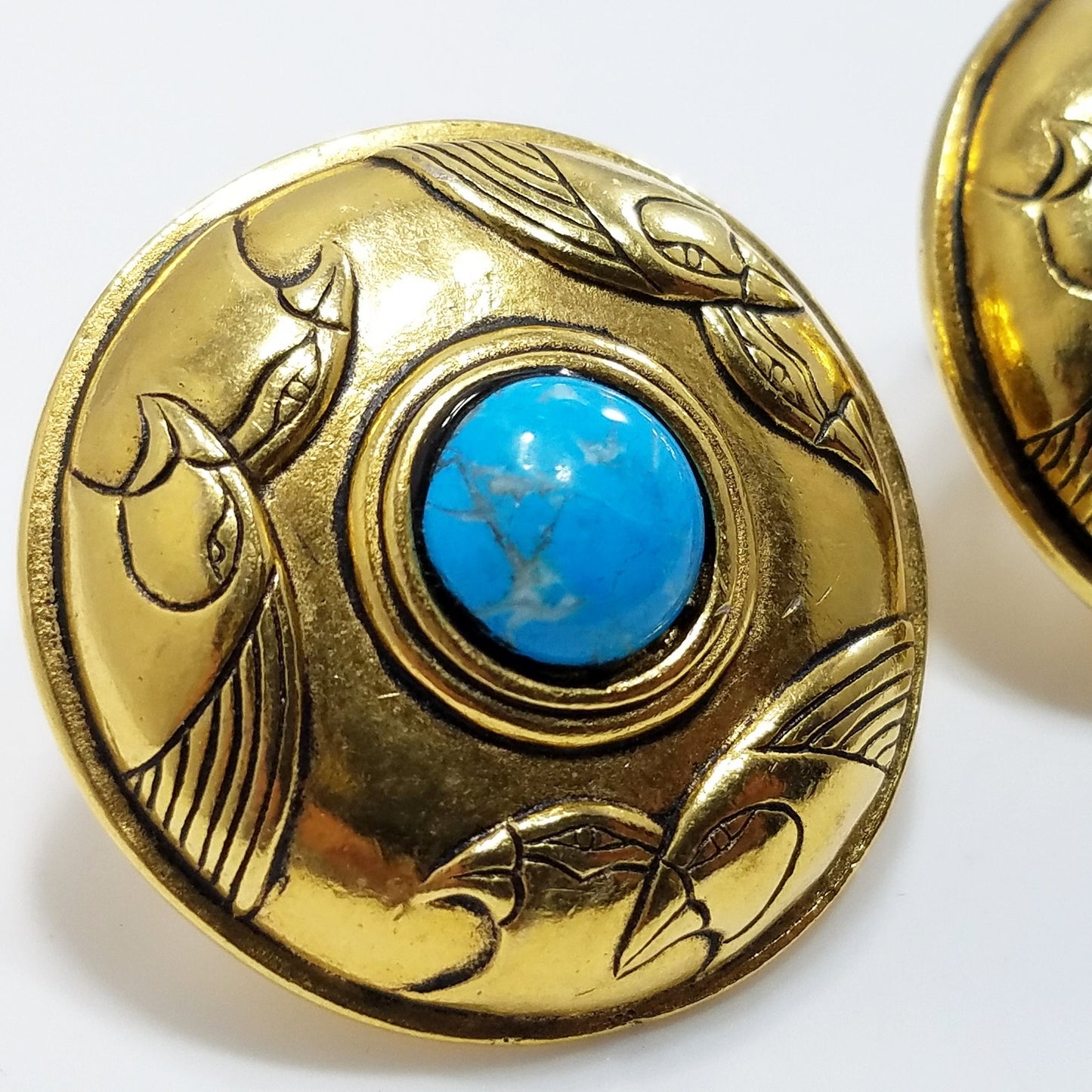Laurel Burch Turquoise & Gold Bird Earrings, Gemstone, Gold Plated, 1980s