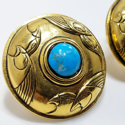 Laurel Burch Turquoise & Gold Bird Earrings, Gemstone, Gold Plated, 1980s