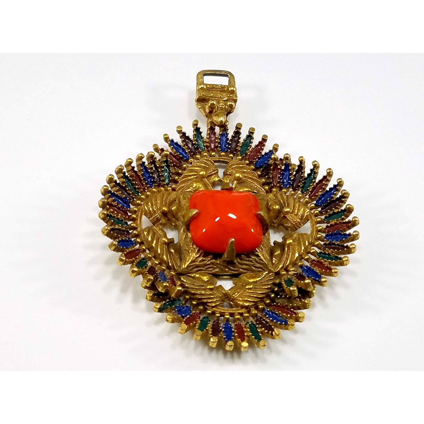 Vintage Castlecliff Pendant Orange Art Glass Gold Enamel Large Statement Jewelry