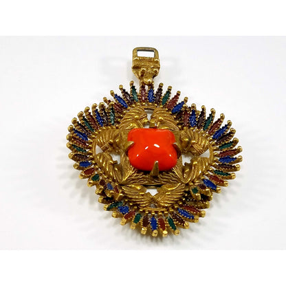 Vintage Castlecliff Pendant Orange Art Glass Gold Enamel Large Statement Jewelry