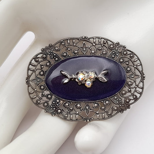 Vintage Catherine Popesco Art Deco Black Enamel AB Rhinestones Brooch