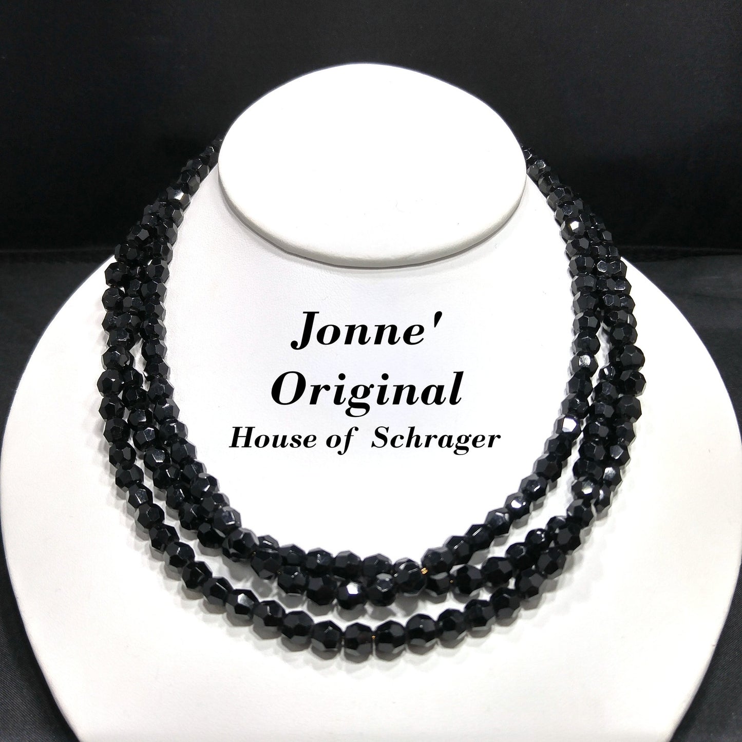 Vintage Jonne’ Original Black Crystal 3-Strand Necklace House of Schrager NOS