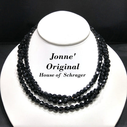 Vintage Jonne’ Original Black Crystal 3-Strand Necklace House of Schrager NOS