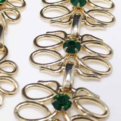 Green Rhinestone Necklace & Bracelet Set, Gold Tone, 1950s Vintage Jewelry