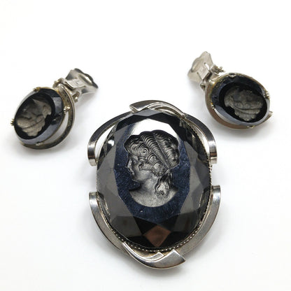 Black Glass Intaglio Cameo Brooch & Clip Earrings, 1960s Vintage Jewelry