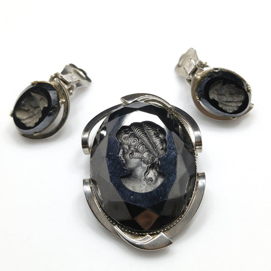 Black Glass Intaglio Cameo Brooch & Clip Earrings, 1960s Vintage Jewelry