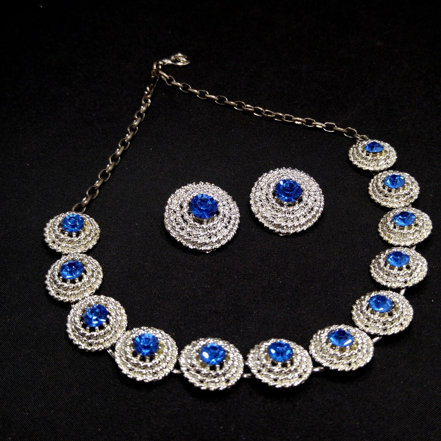 Blue Rhinestone Necklace Clip Earrings, Rhodium Plated Links, 1950s Vintage Jewelry