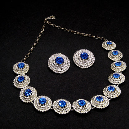 Blue Rhinestone Necklace Clip Earrings, Rhodium Plated Links, 1950s Vintage Jewelry