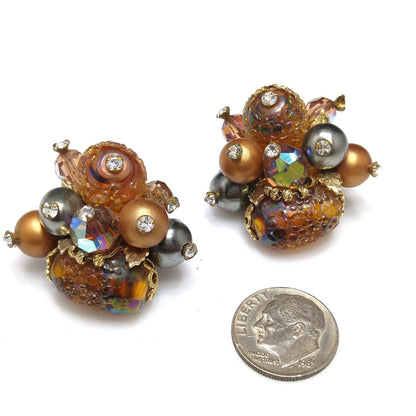 Vendome Topaz Beaded Earrings, Art Glass, Aurora Borealis, 1960s Vintage Jewelry