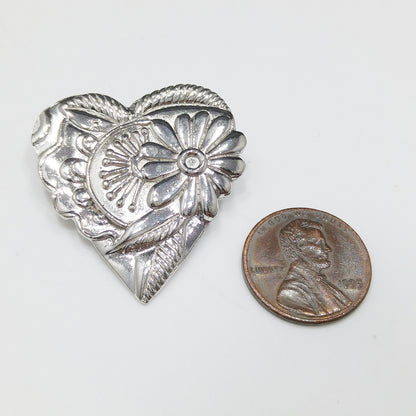 Vintage Laurel Burch 1993 Floral Heart Brooch, Silver Tone