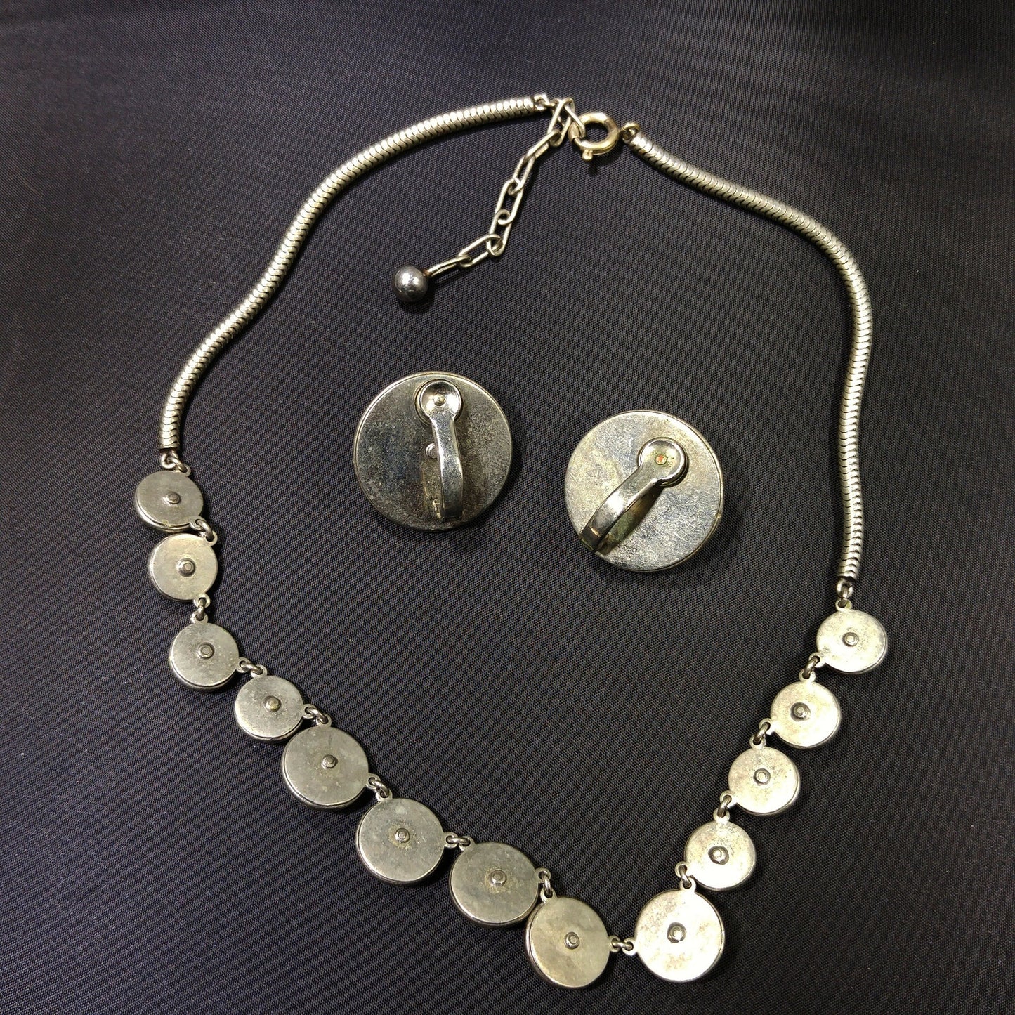 Mother of Pearl Rhinestone Jewelry, Necklace & Clip Earring Set, 1940s Vintage