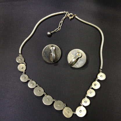 Mother of Pearl Rhinestone Jewelry, Necklace & Clip Earring Set, 1940s Vintage