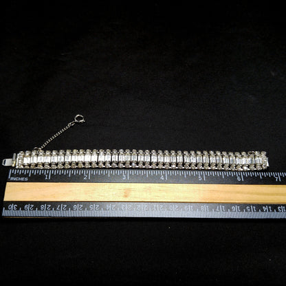 Weiss 1950s Clear Rhinestone Bracelet | Rhodium Plated Vintage Mid-Century Bridal Jewelry | Emerald-Cut Stones