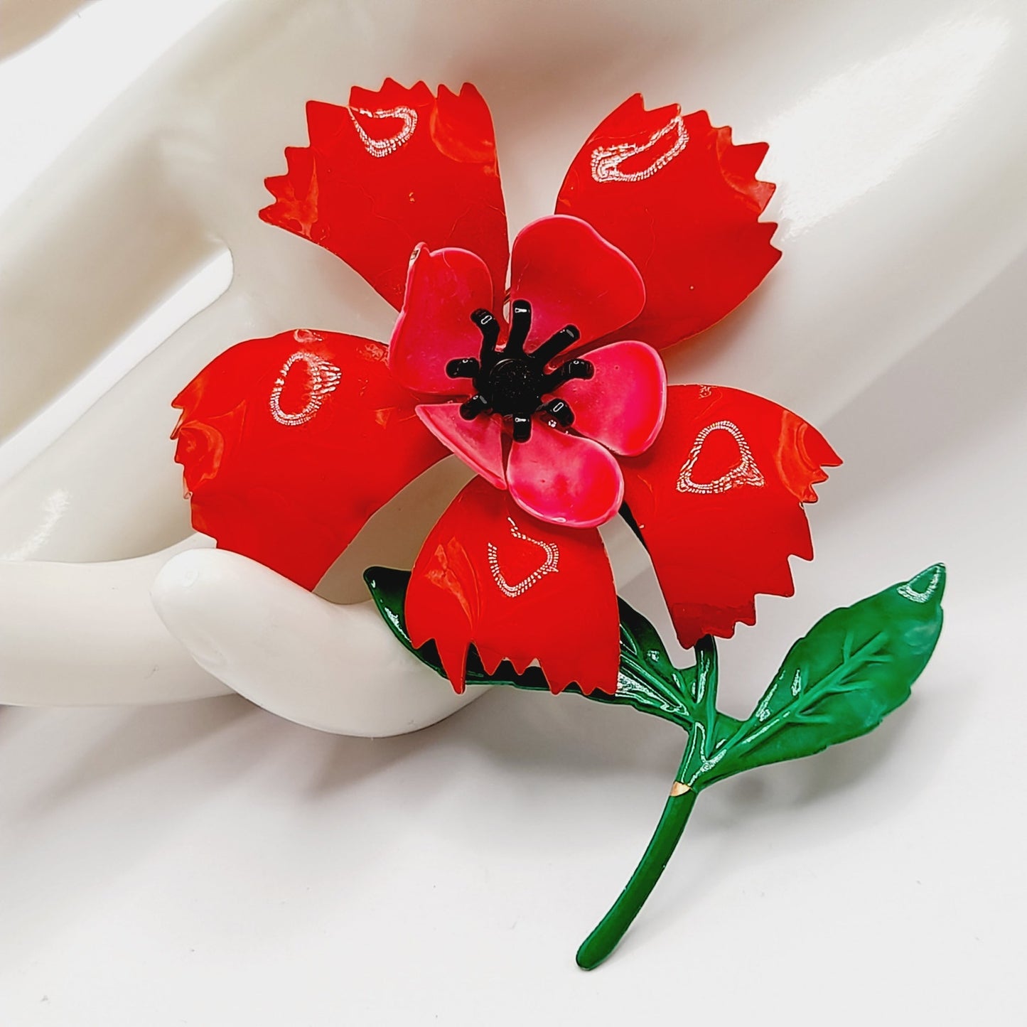 Vintage 1960s Red Green Enamel Flower Brooch