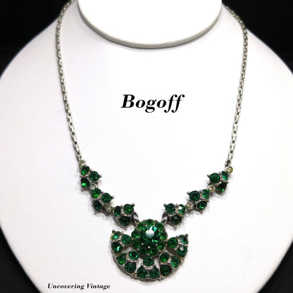Bogoff Green Rhinestone Pendant Choker Necklace, Rhodium Plated, 1940s Vintage Jewelry