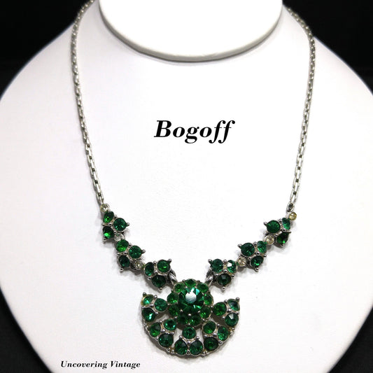 Bogoff Green Rhinestone Pendant Choker Necklace, Rhodium Plated, 1940s Vintage Jewelry