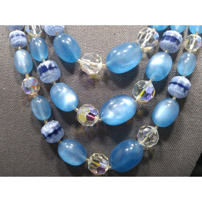 Blue Moonglow Crystal Art Glass Beaded Necklace, Three Strands, Crystal Clasp, 1950s Vintage Jewelry