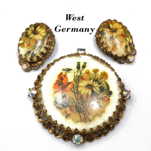 West Germany Floral Filigree Brooch & Earrings, Aurora Borealis Rhinestones, 1960s Vintage Jewelry
