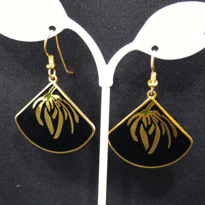 Laurel Burch Floral Earrings, Gold Plating, Black Enamel, Willow Fan, 1980s Vintage Jewelry