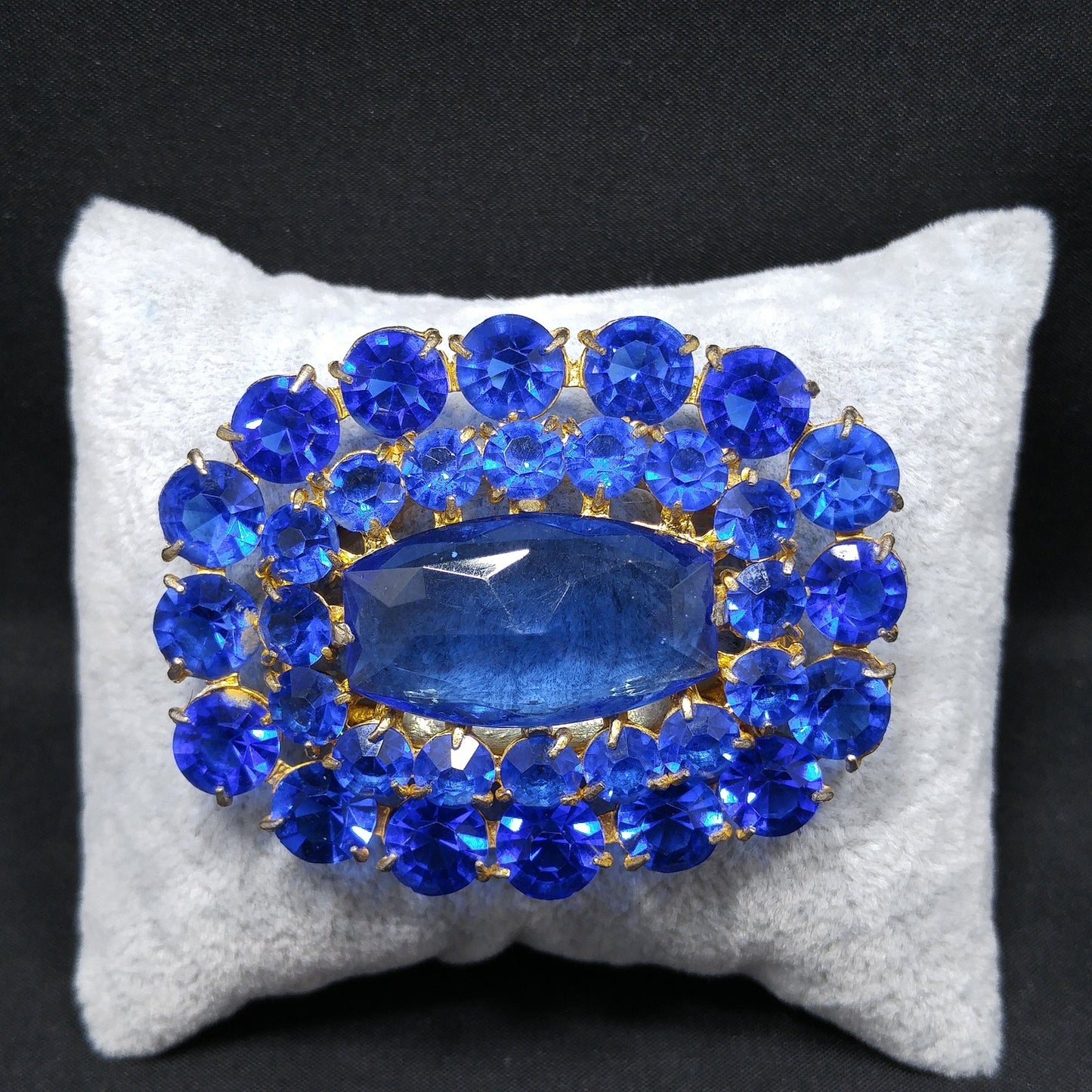 Cobalt Blue Glass Rhinestone Brooch, Large Center Blue Stone, 1940s Vintage Jewelry