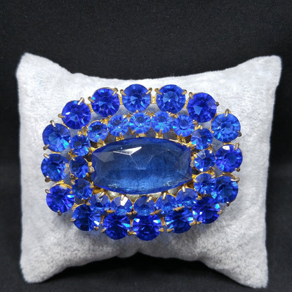 Cobalt Blue Glass Rhinestone Brooch, Large Center Blue Stone, 1940s Vintage Jewelry