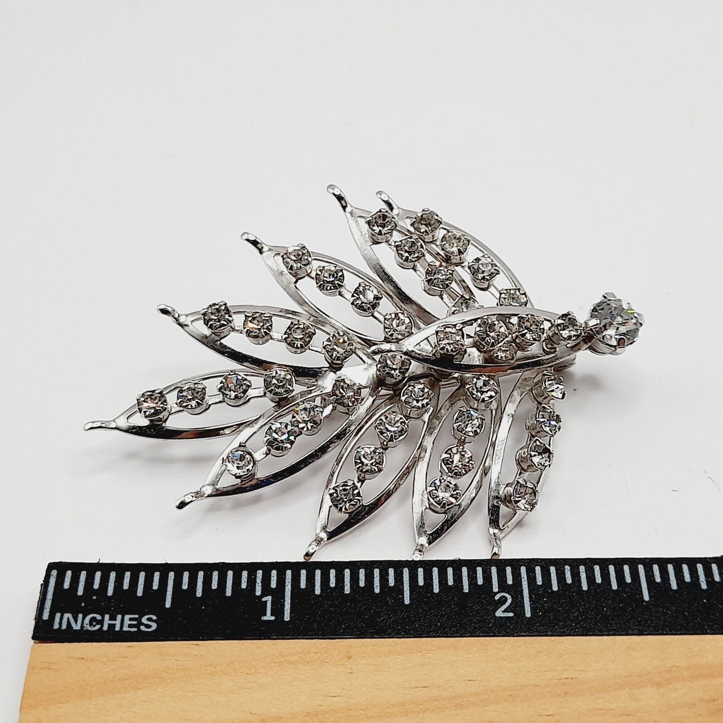 Vintage Clear Rhinestone Leaf Brooch Silver Tone Pin - 2 3/4 Inches Lightweight