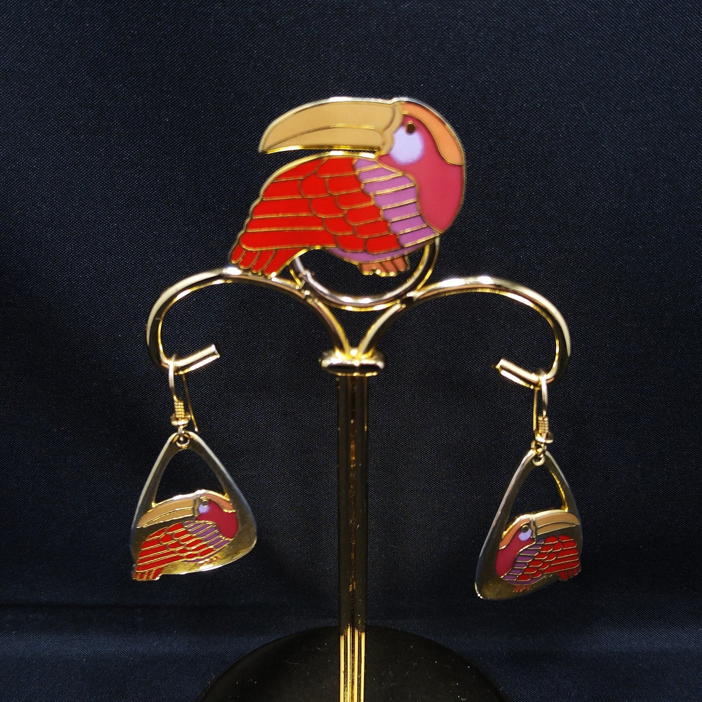 Vintage Laurel Burch Red Toucan Brooch Pendant & Earrings, Gold Plated, 1980s