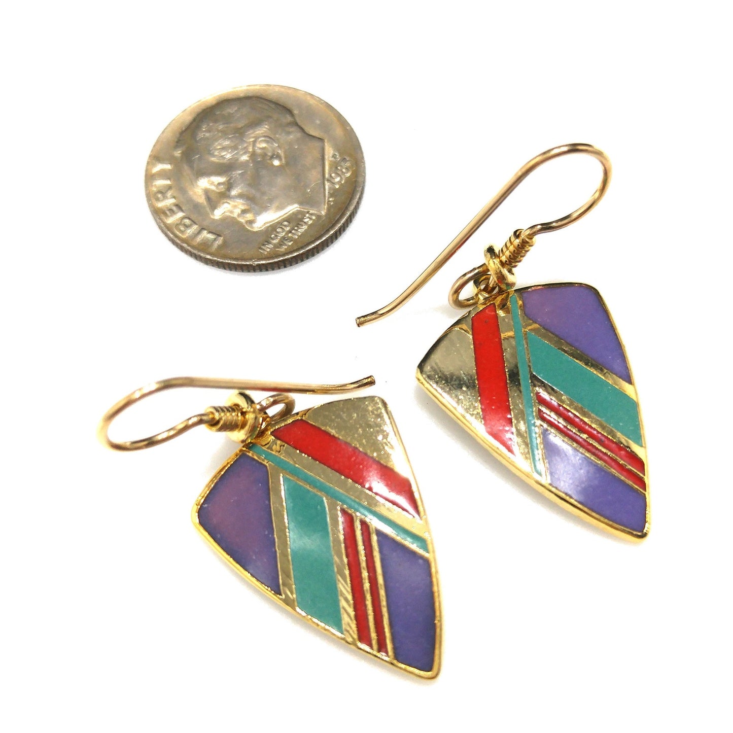 Vintage Laurel Burch Gold Plated Dangle Earrings, Enamel Teal Purple Red