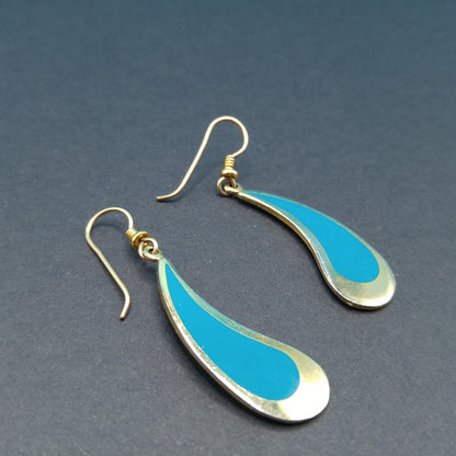 Vintage Laurel Burch Turquoise Drop Earrings, Curved Teardrop, Gold Plated