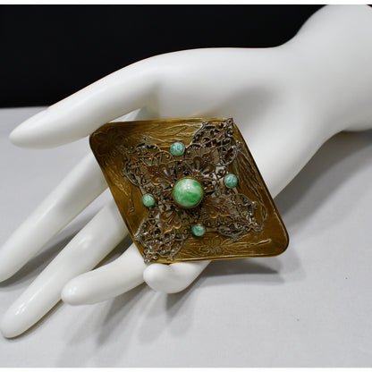 Vintage Brass Sash Pin, Green Marbled Cabochon, Early 1900s Vintage Jewelry