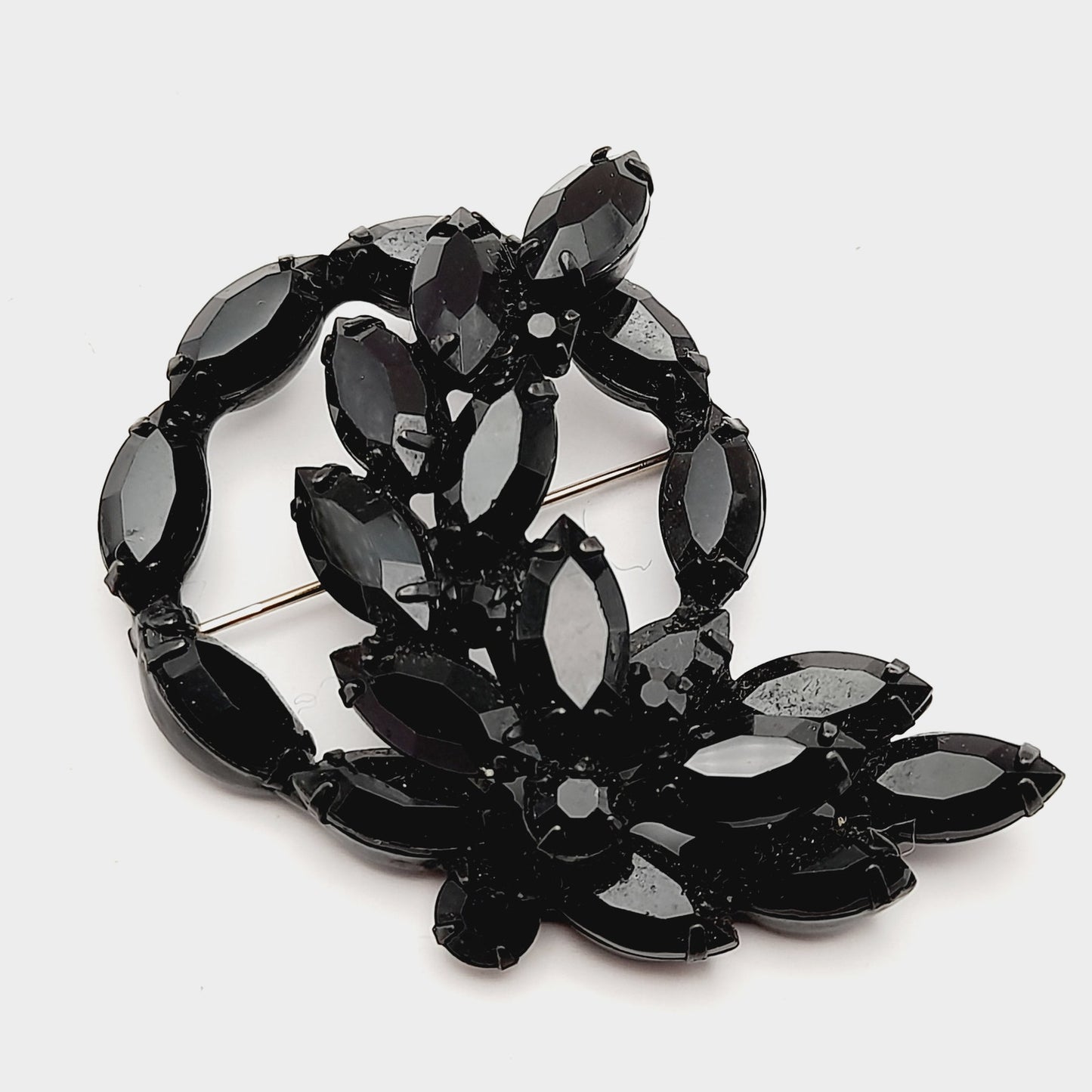 Vintage Black Rhinestone Wreath Floral 1960s Brooch, Japanned Black Enamel