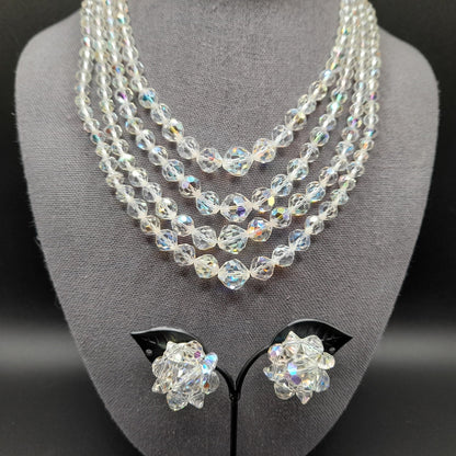 Clear Aurora Borealis Crystal Necklace Earrings Set, Four Strands, Clip Earrings, 1950s Vintage Jewelry