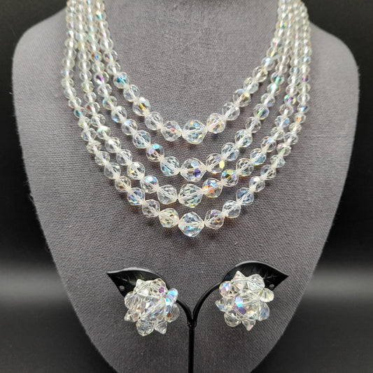 Clear Aurora Borealis Crystal Necklace Earrings Set, Four Strands, Clip Earrings, 1950s Vintage Jewelry
